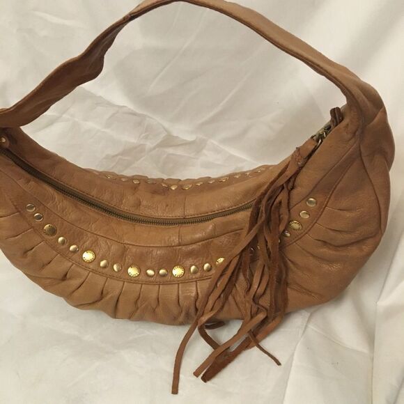 Elliott Lucca Handbags - Elliot Lucca tan studded pleated leather hobo bag with tassel